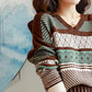 Sweater Women Stitching Printing V-neck Pullover Knitwear Korean Loose Fluffy Top Striped Sweater Autumn and Winter Fashion