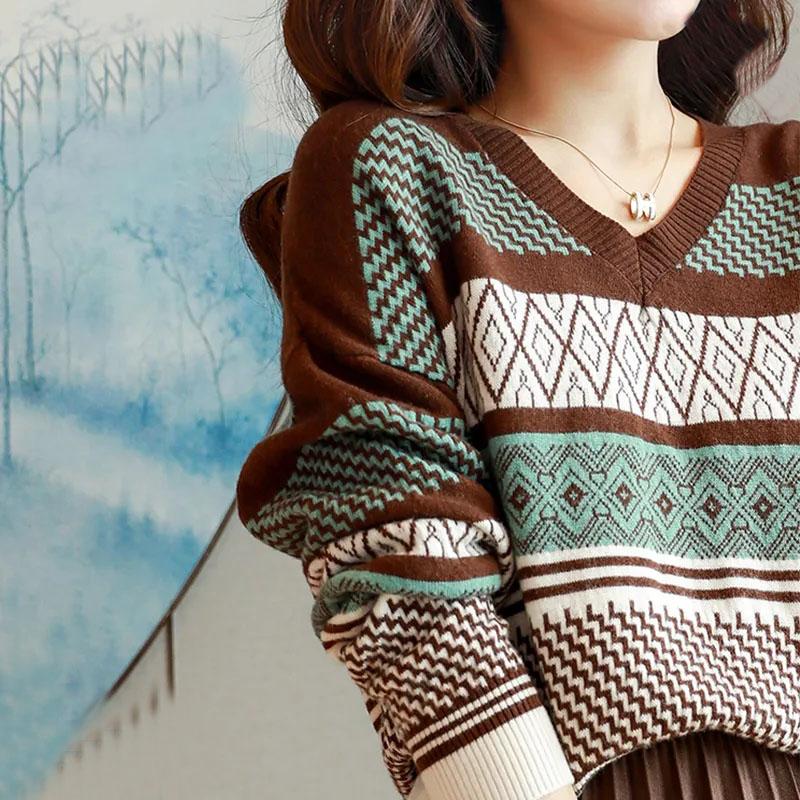 Sweater Women Stitching Printing V-neck Pullover Knitwear Korean Loose Fluffy Top Striped Sweater Autumn and Winter Fashion