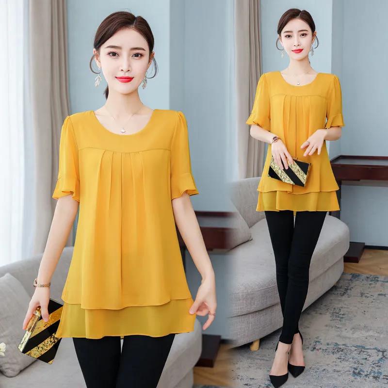 Women's Summer Chiffon Short Sleeve Large Size Round Neck Solid Color Loose T-Shirt