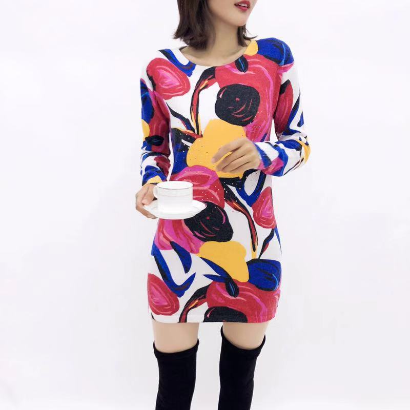 Women's Cashmere Sweater Printing Mid-length Wool Sweater  Large Size Knit Sweater Dress Women's Bottoming Dress Fall Winter