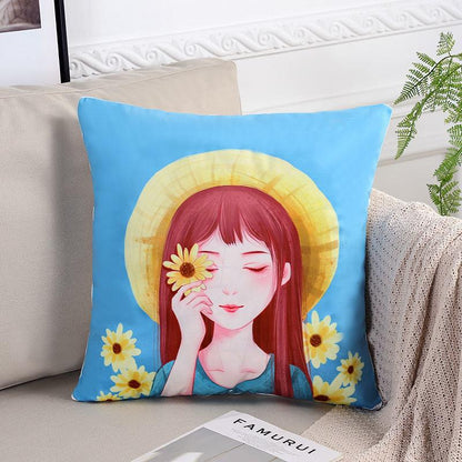 Sunflower Girl Printed Pillow Car Waist Pillow Home Sofa Pillow Soft Relaxation Artifact
