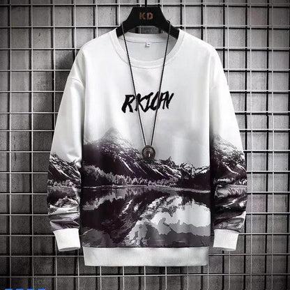 Men's Spring and Autumn Sweater Print Colorblock Long Sleeve Round Neck Pullover Loose Casual Thin Men's Top