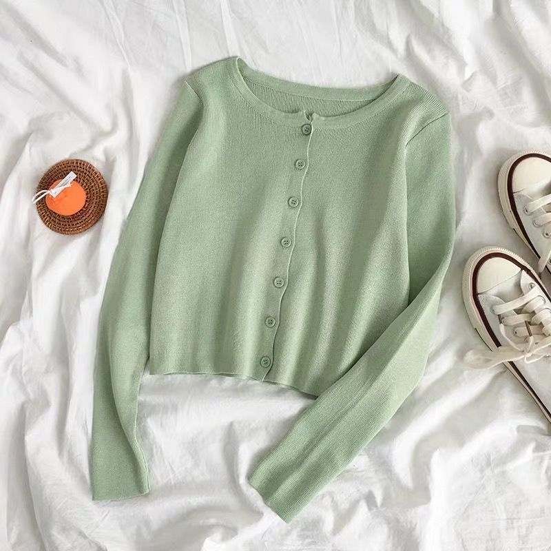Korean Style O-neck Short Knitted Sweaters Women Thin Cardigan Fashion Sleeve Sun Protection Crop Top