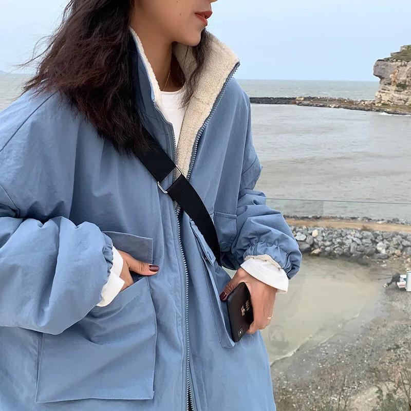 Two-sided Polar Fleece Jacket Winter Korean Version of The Loose High Collar Mid-length Embroidered Lamb Velvet Jacket Suitable for Young Women