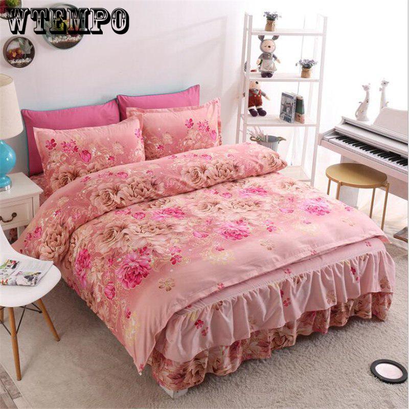 Bedding Set Queen Size Cotton Wedding Bed Dust Ruffle Bed Skirt Flower Plants King Doub