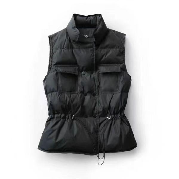 Women's Padded Down Vest Short Waist Stand-up Collar Coat White Duck Down Drawstring Pocket Waistcoat Vest Waistcoat