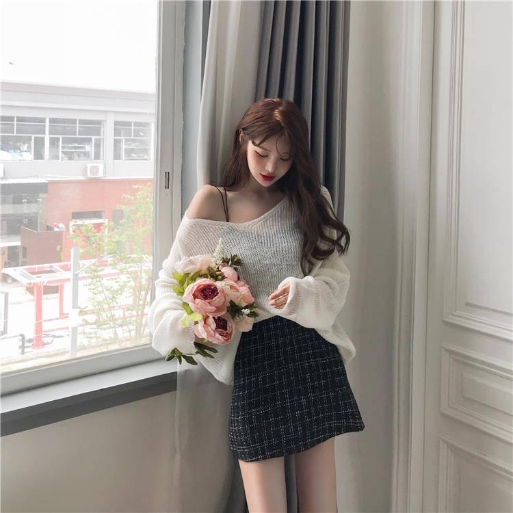 Pofulove Winter Girl Thin Lazy Wind Loose Hollow Sweater Long Sleeve Pullover Retro Bottoming Shirt
