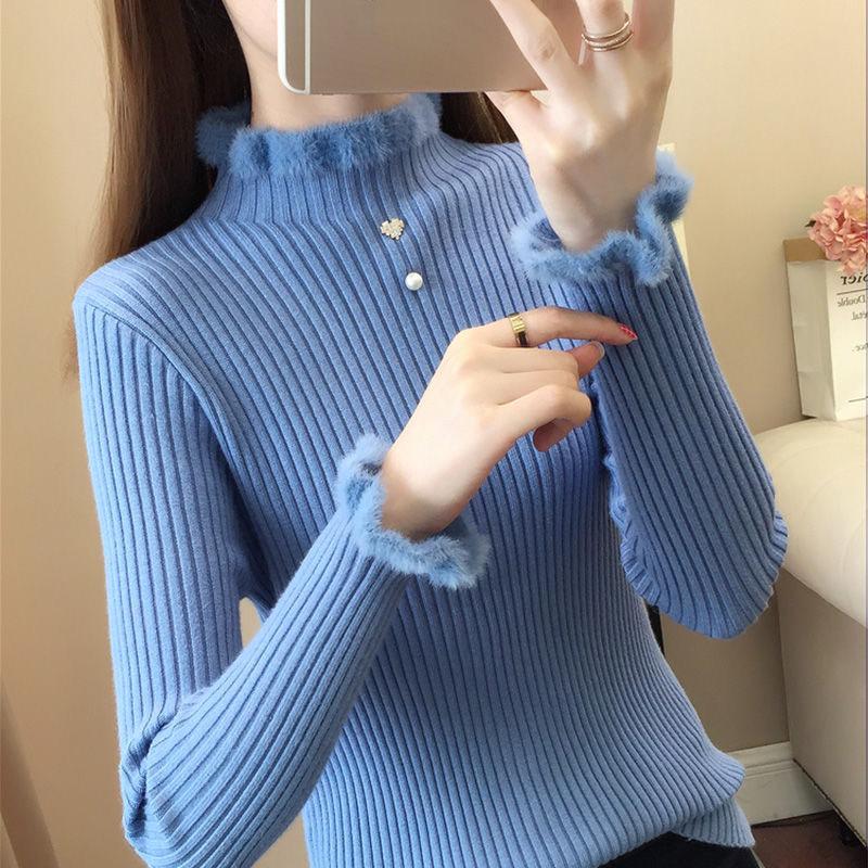 Mink Autumn and Winter Thickening Slim-fit Sweater Bottoming Shirt Half High Neck Young Women's Sweater