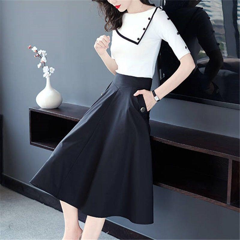 Summer Slim Knit Sweater + Self-cultivation Waist Reduction Suit Skirt Two-piece Suit Temperament Elegant Skirt Suit Black and White Suit