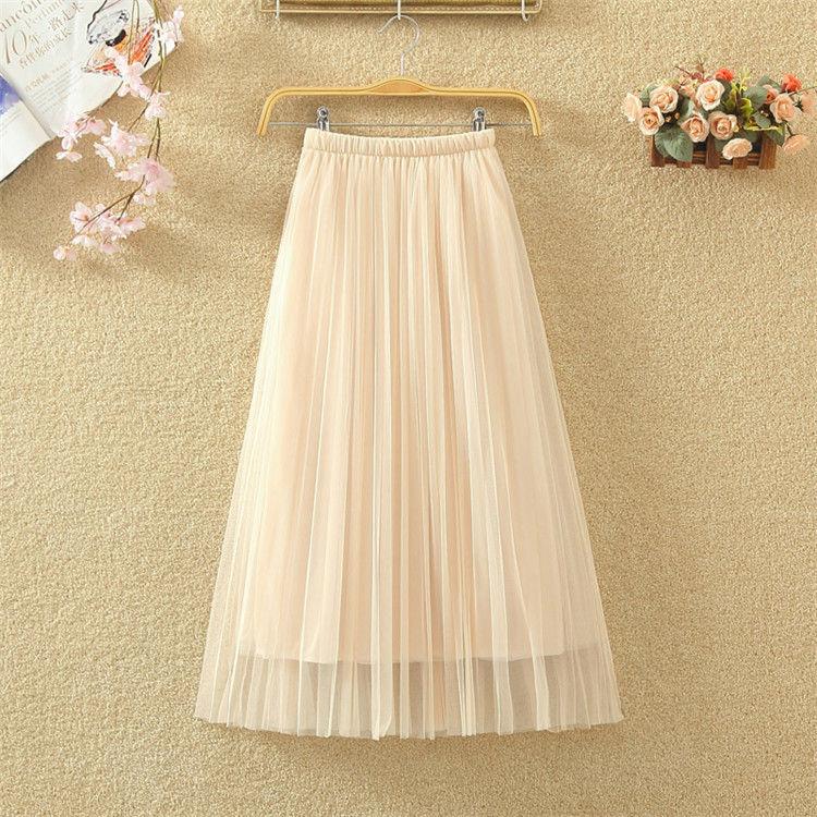 Yarn Skirt Woman's Mid-length Elastic Waist Printed Lace High Waist A-line Skirt Pleated Skirt