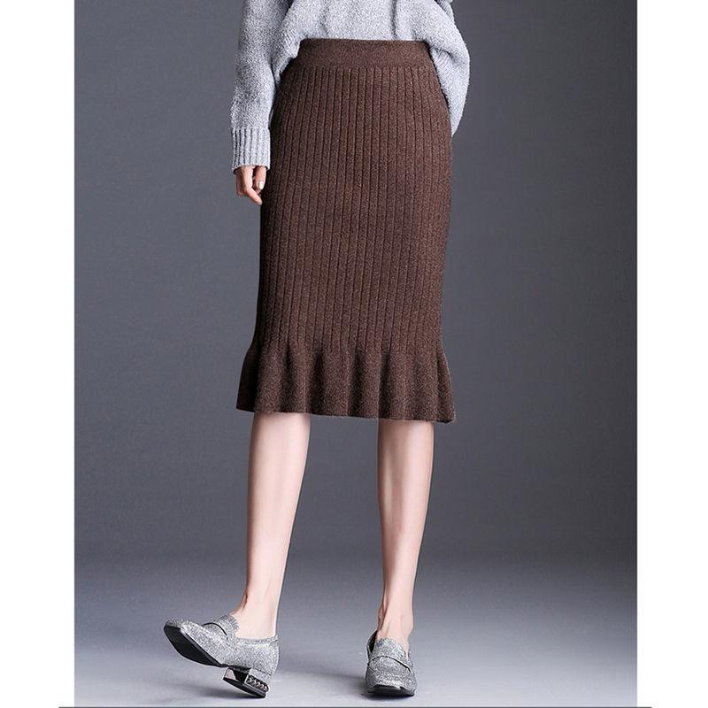 Women's Knitted Mermaid Skirt Fall Winter High Waist Elastic Knitted Bodycon Skirt Ladies Pencil Skirt