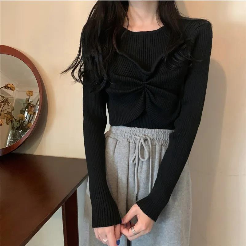 Women's Round Neck Pullover Bottoming Shirt Korean Fashion Fake Two Pieces Lace Knit Sweater