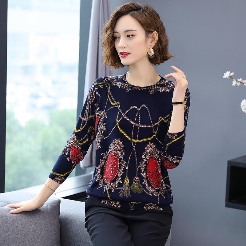 Women Printed Sweater Long Sleeve O-Neck Knitted Pullover Sweater Fashion Loose Jumper Tops Plus Size Knitwear Outwear
