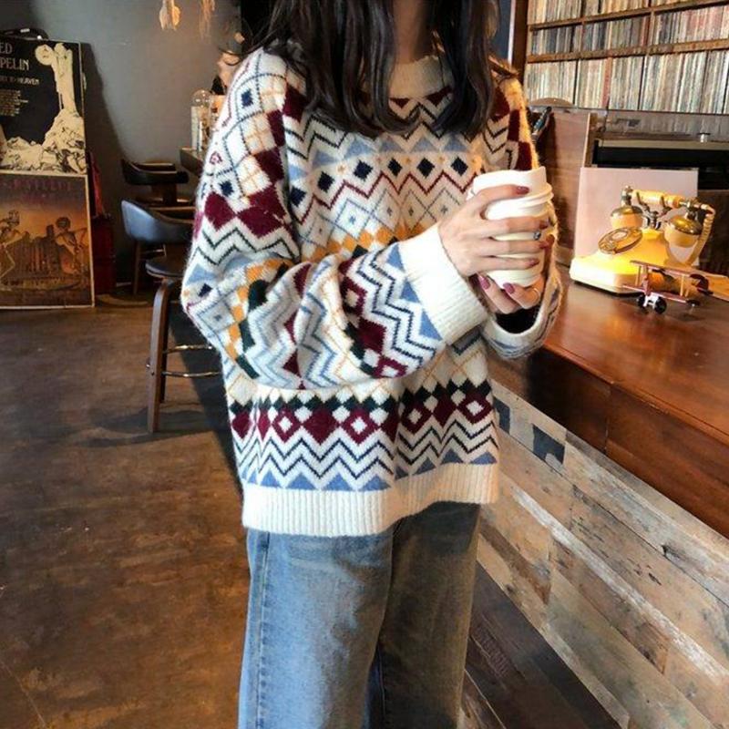 Pofulove sweater female students loose college style round neck wild jacquard pullover sweater women