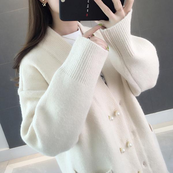 Autumn and Winter Loose Solid Color Coat Double-breasted Button Cardigan Sweater Women Plus Size Pocket Knitwear
