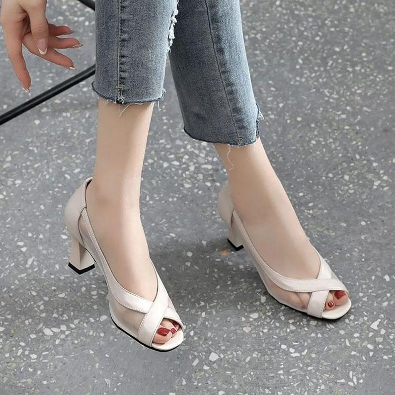 Soft Leather Mesh Thick Heel Sandals for Women's Outer Wear Spring and Summer Fashion All-match Fish Mouth Mid-heel Shoes