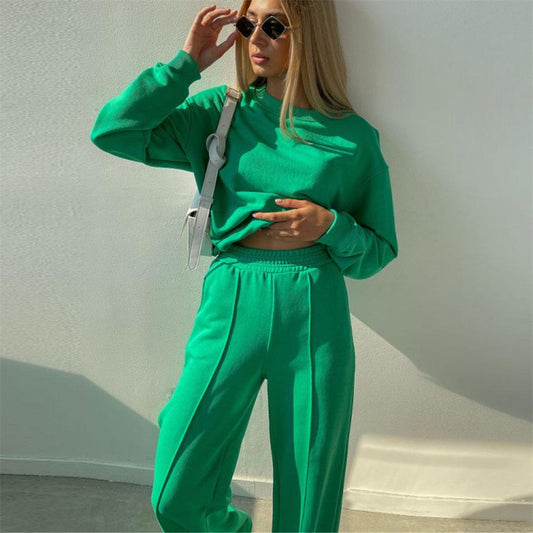 Solid Color Long-sleeved Round Neck Sweater Suit Women's Fall/winter 2021 Loose Top Wide-leg Pants