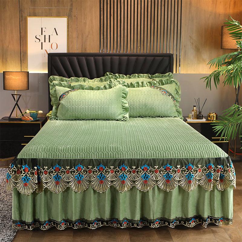 3pcs/set Crystal Velvet Padded Bed Skirt Lace Autumn and Winter Sheets European-style Simmons Protective Cover