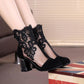 Spring  Summer Women's Boots  Leather High-heeled Mesh Short Boots Thick with All-match Pointed Toe Single Boots  Lace Hollow Pink Mesh Boots