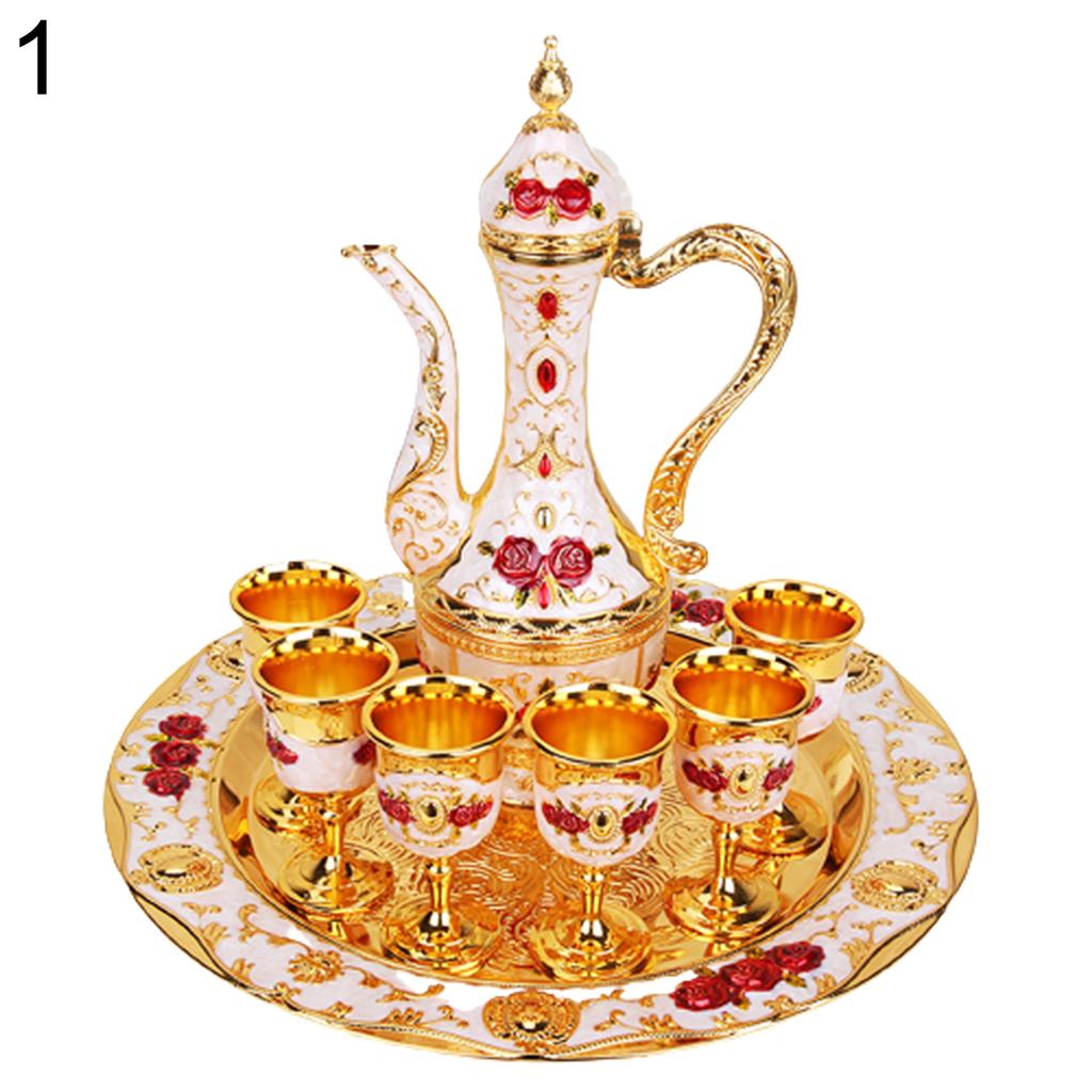 8Pcs/Set Retro Zinc Alloy Wine Cup Kettle Tray Kit Home Wedding Decor Container