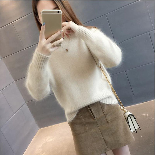 Non-shedding Mink Velvet Sweater Women's Short Loose Knit Sweater New Half High Collar Top
