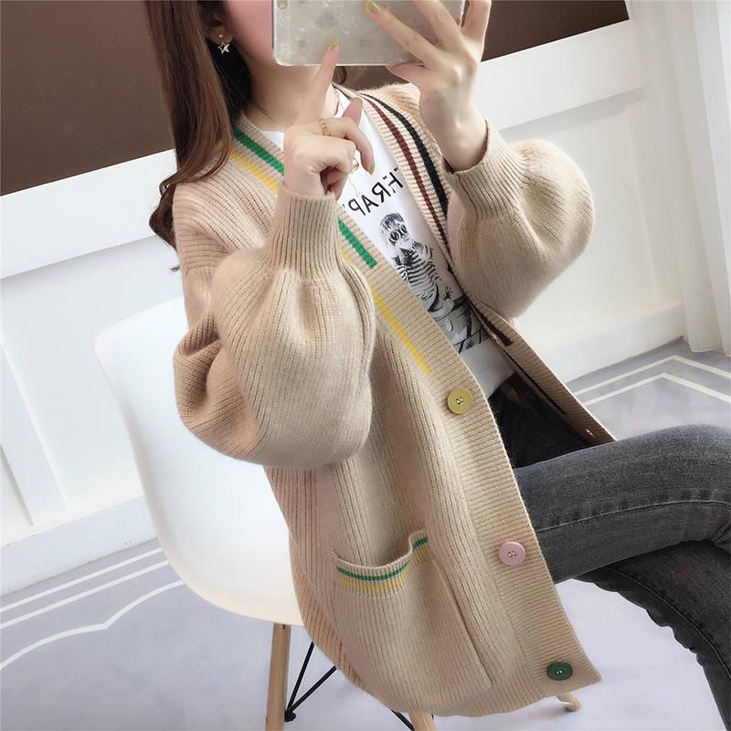 Autumn and Winter Cardigan Sweater Women's Knitted Jacket Lantern Sleeves Loose Sweater