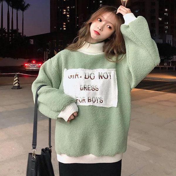 Women's Autumn and Winter Lamb Wool Sweater Large Size Loose Thickened High Neck Pullover Casual Long Sleeve Warm Jackets