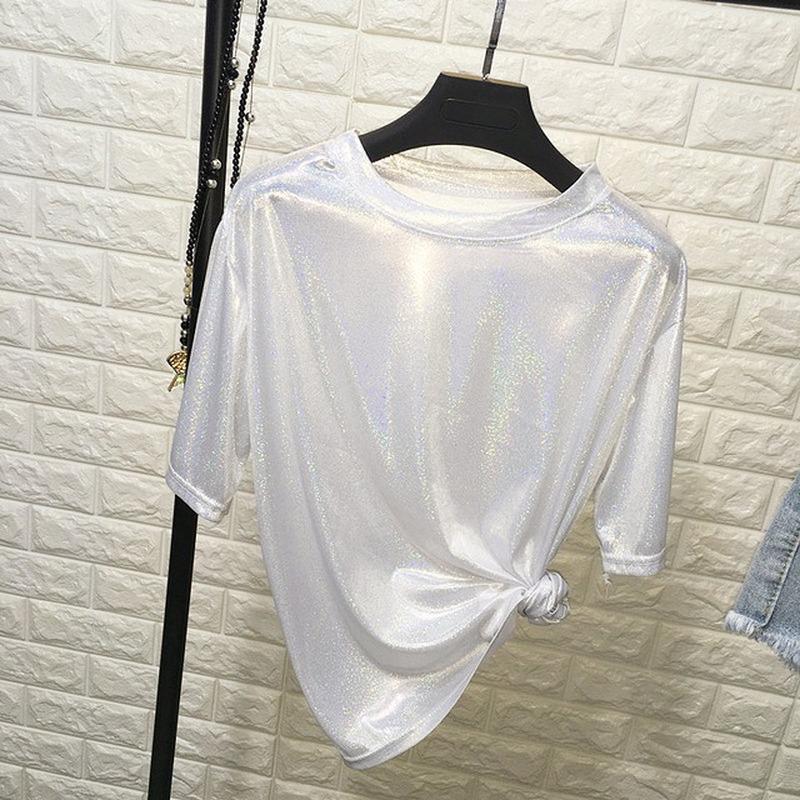 Ladies T-shirt Reflective Summer Short Sleeve Personality Tops Women Loose Shiny T Shirt
