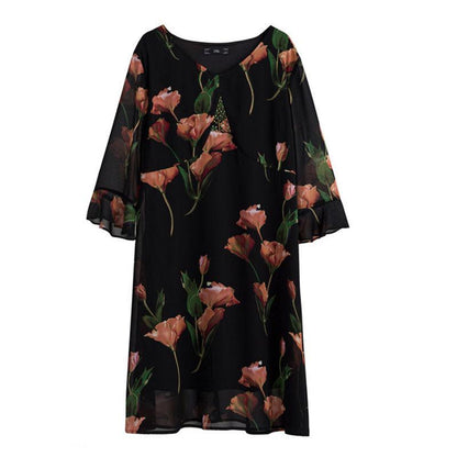 Women's Summer Dress  Chiffon Veil V-Round Neck Printing Large Size Over The Knee