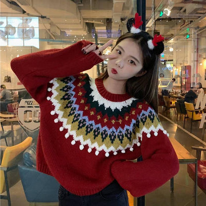 Pofulove Autumn Winter Jacquard Loose Thick Warm Christmas Style Pullover Long Sleeve Sweater Women