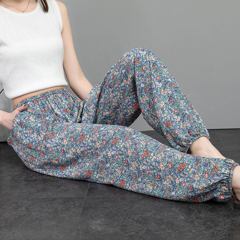 Summer Cool and Sunscreen Anti-mosquito Cotton Silk Beach Pants Cotton Silk Lantern Rayon Trousers Women Loose Harem Pants Feet Thin