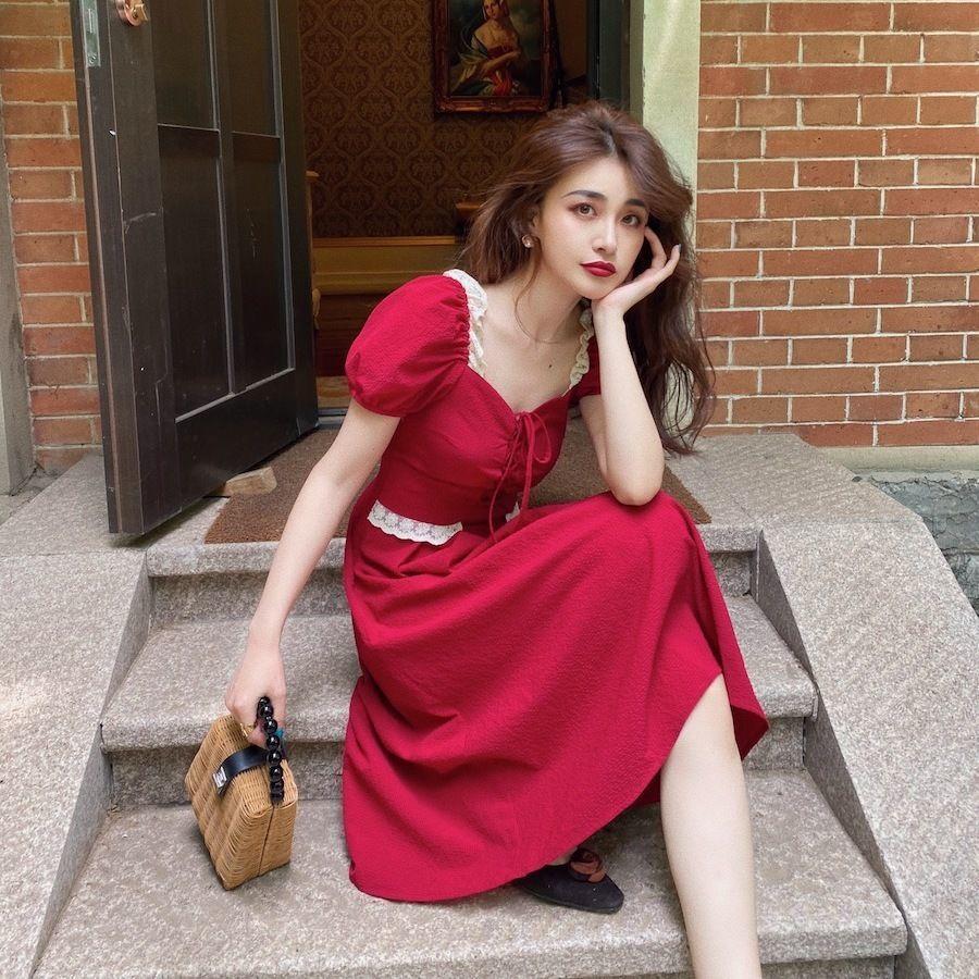 Female Simple Slim Elegant Shoulder Covering French Gentle Romantic Summer Solid Color Long Dress