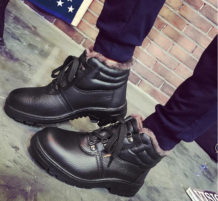 Winter Black Ankle Leather Safety Shoes Men Waterproof Steel Toe Cap Shoes Thermal Cotton Boots