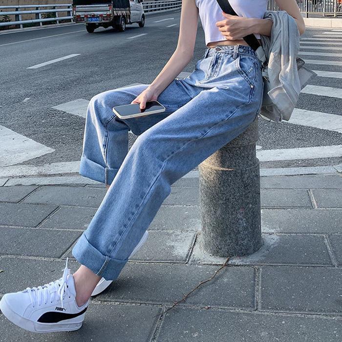 WTEMPO Adjustable trouser length Women's High Washed Denim Waist Wide Leg Pants Straight-leg Pants Super Long Loose Casual