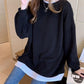 Fake Two-piece Round Collar Tops Women's Autumn Loose Long Sleeve Coats Large Size Versatile Pullover