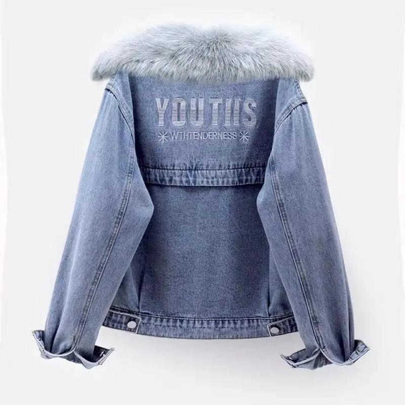 Hooded Denim Jacket Women Plus Velvet Loose Lamb Velvet Jacket Warm All-match Short Cotton Jacket Comfortable and Warm Women's Jacket