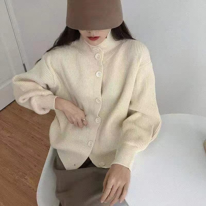Spring  Autumn Design Sense Lapel Solid Color Vertical Pattern Sweater Cardigan Girl Student Casual Fashion All-match Knitted Cardigan