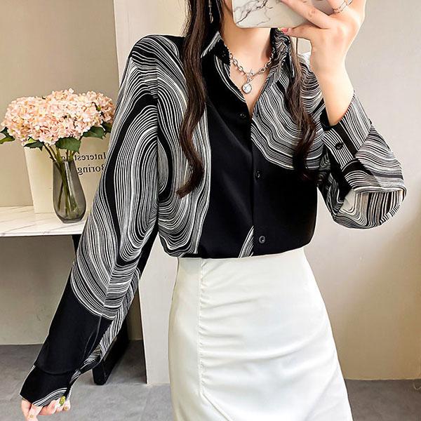 Long-sleeved Casual Tops Large Size Loose Chiffon Shirts Women's Spring and Autumn Lapel Elegant Printed Blouses