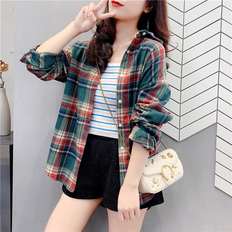 POLO Collar Contrast Color Plaid Brushed Loose Shirt Women's Spring and Autumn Retro Top