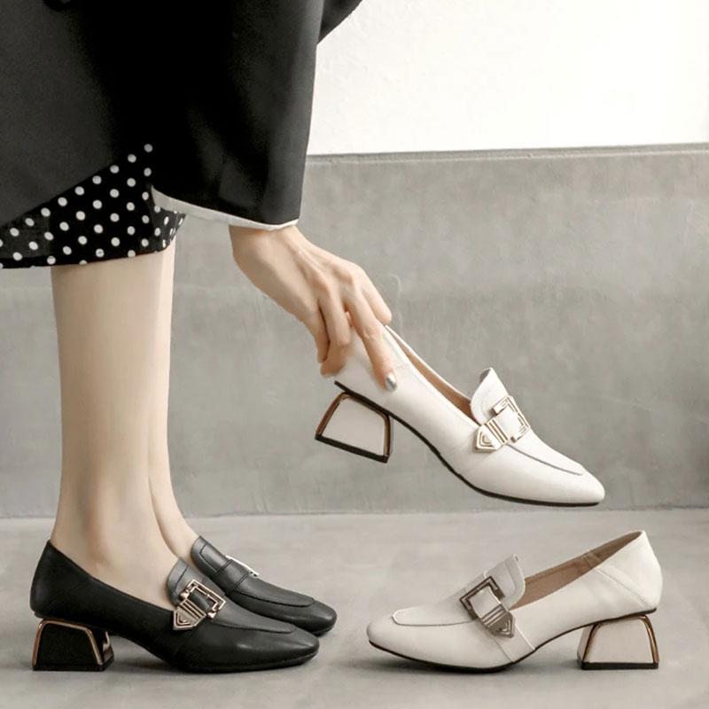 Soft Surface Comfortable Real Cowhide Thick Mid-heel Work Shoes Casual Shoes Single Shoes Women's Square Toe English Small Leather Shoes