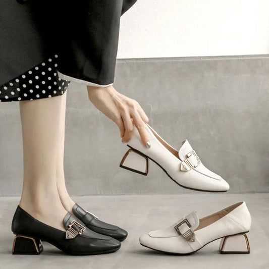 Soft Surface Comfortable Real Cowhide Thick Mid-heel Work Shoes Casual Shoes Single Shoes Women's Square Toe English Small Leather Shoes