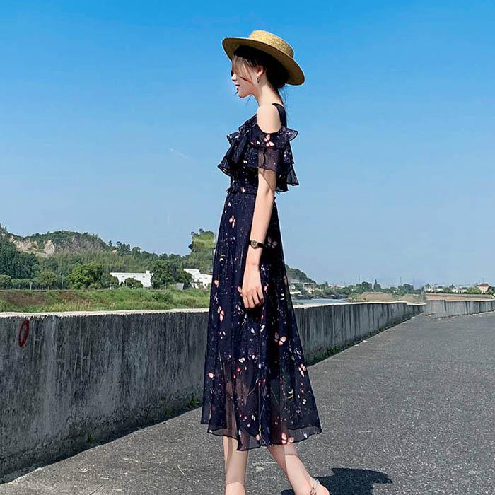 Pofulove XS-2XL Women O-neck Off Shoulder Print Chiffon Dress Slim Short-sleeved Long A-line Dress