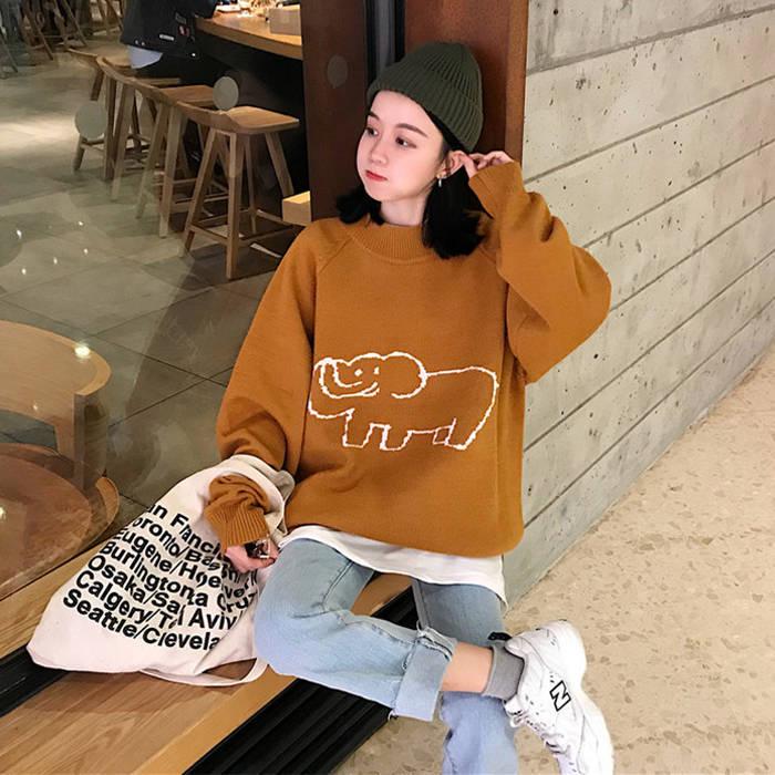 Pofulove Autumn Winter Round Neck Sweater female Loose Wild  Cartoon Pattern Knitted Thin Sweater