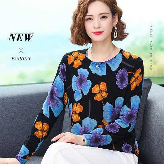 Autumn Winter Women's Knitted Sweater Flower Print Fashion Long-sleeved Sweater Retro Temperament Trend