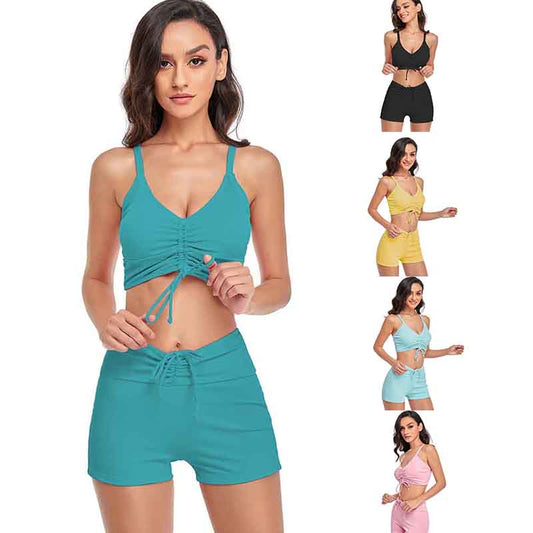 Bikini Swimsuit Women's Sports Drawstring Tankini Plus Size Boxer Solid Color Swimsuit