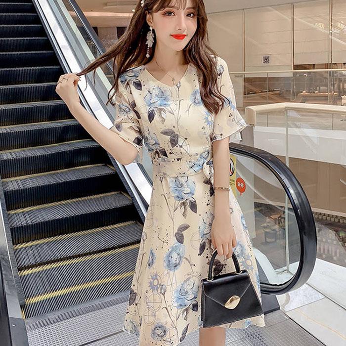 Pofulove S-4XL Women Summer Sweet Printed Chiffon Dress Slim Midi-length V-neck A-line Beach Skirt