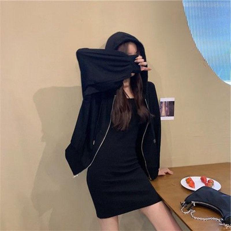2PCS Women's Casual Solid Color Suit Spring and Summer Sling Dress + Cardigan Jacket Two-piece Ladies Sexy Hooded Sweater Skirt Set