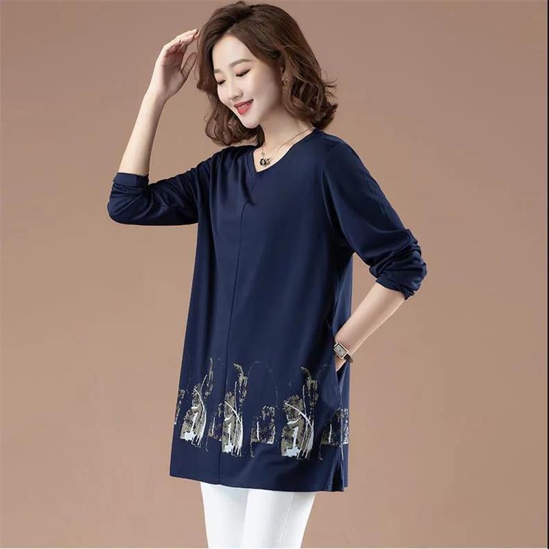 Womens Leisure Print T-shirt Long Sleeve Round Neck Blouses Casual Loose Tops Pullover