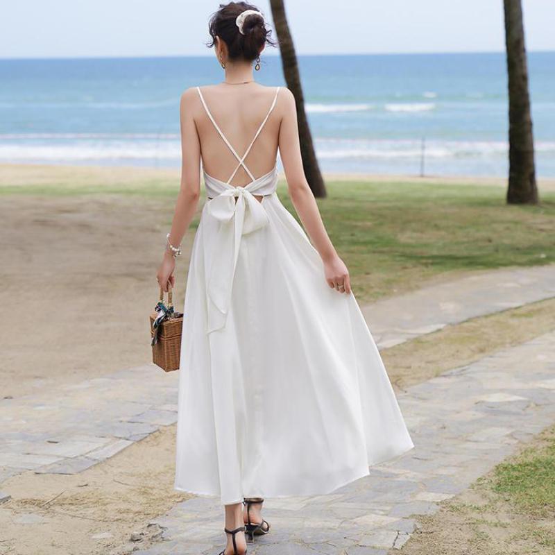 Summer New Style Female Slim Mid-length Halter Slim V-neck High-waist Seaside Holiday Suspender Dress