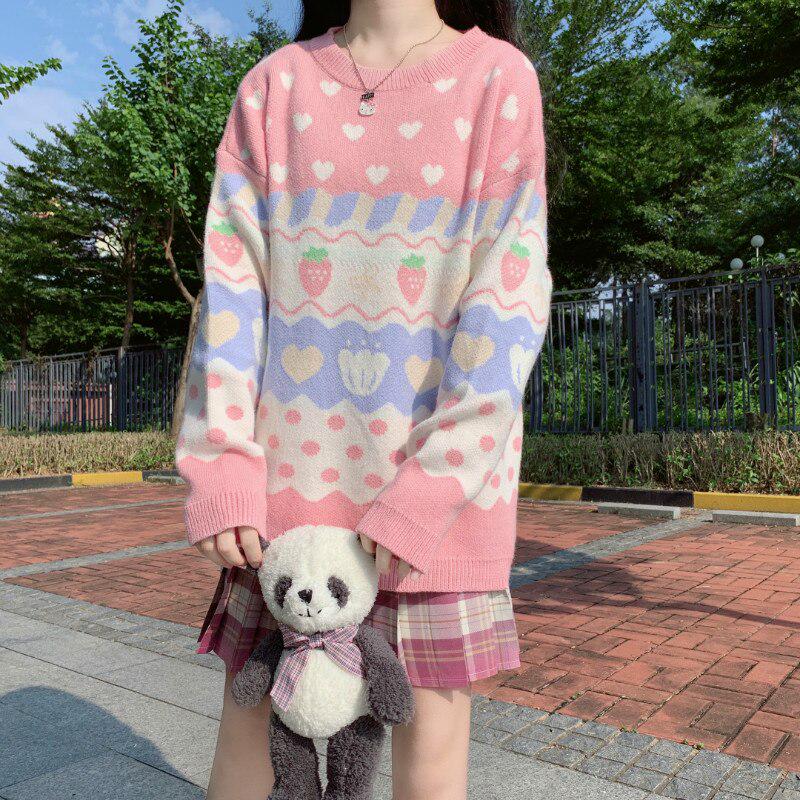 Japanese Preppy Style Autumn Winter Women Sweater Pink Strawberry Heart Warm Knitted Pullover Cute Kawaii Sweet Soft Overcoat